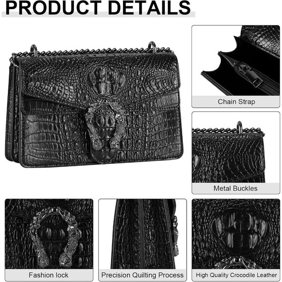 ⚡ Women's Crocodile Black Snake Leather Print Casual Satchel Crossbody Handbag - Picture 7 of 7